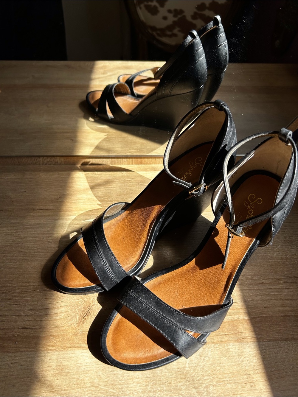 Seychelles Black Strappy Ankle-Wrap Wedge Sandals